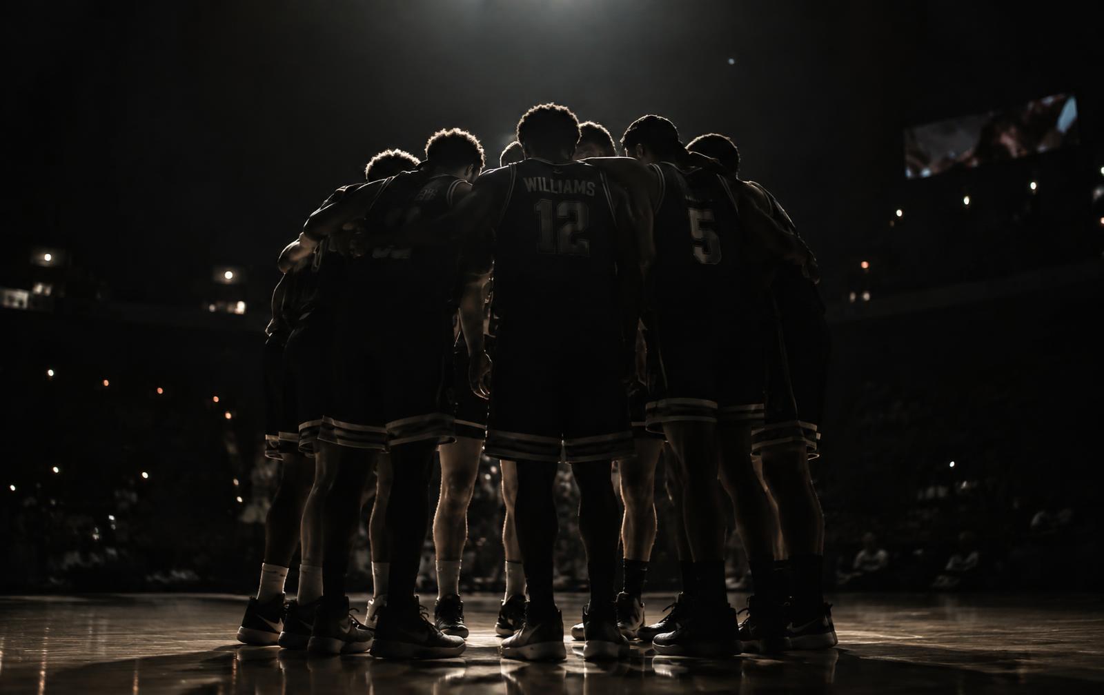 Basketball team huddled on court