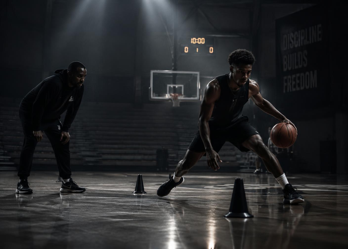 Coach guiding a player through cone dribbling drills